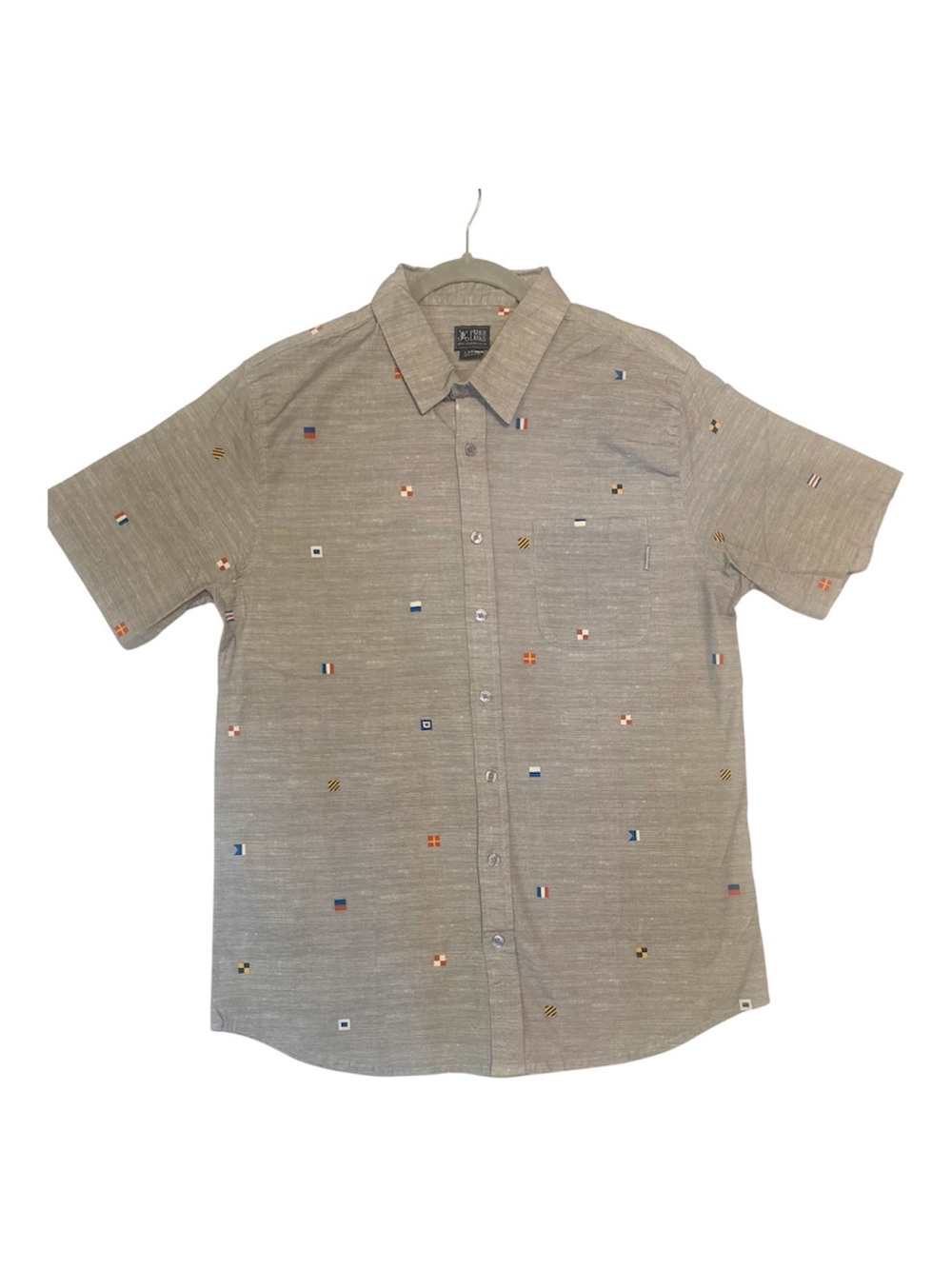 NWT Pure Lure Short-Sleeve Button-Down Shirt Light Grey Nautical Flags Sz Large